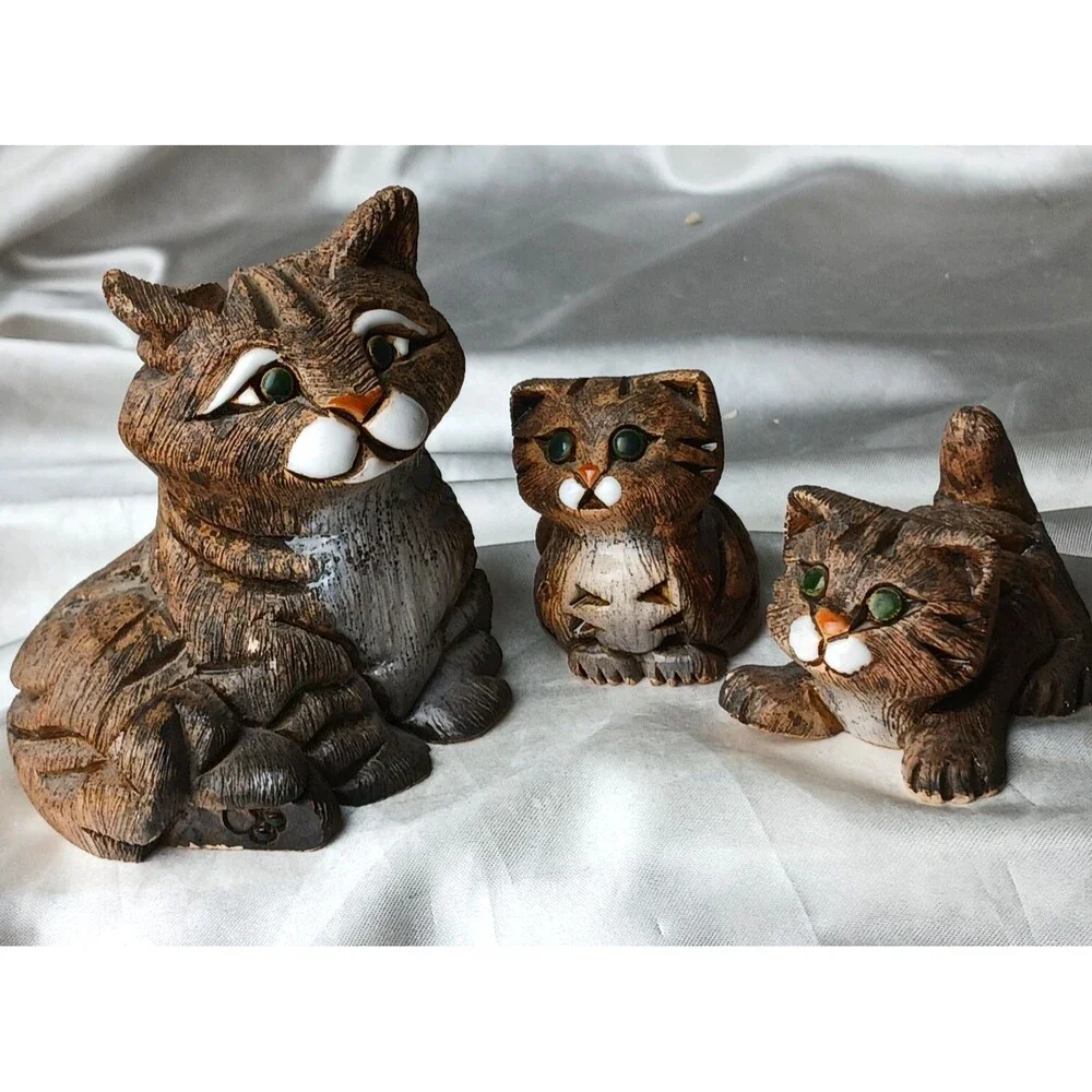 Vintage Artesania Rinconada Art Pottery Hand Crafted Clay 4 Figurines-TABBY CATS